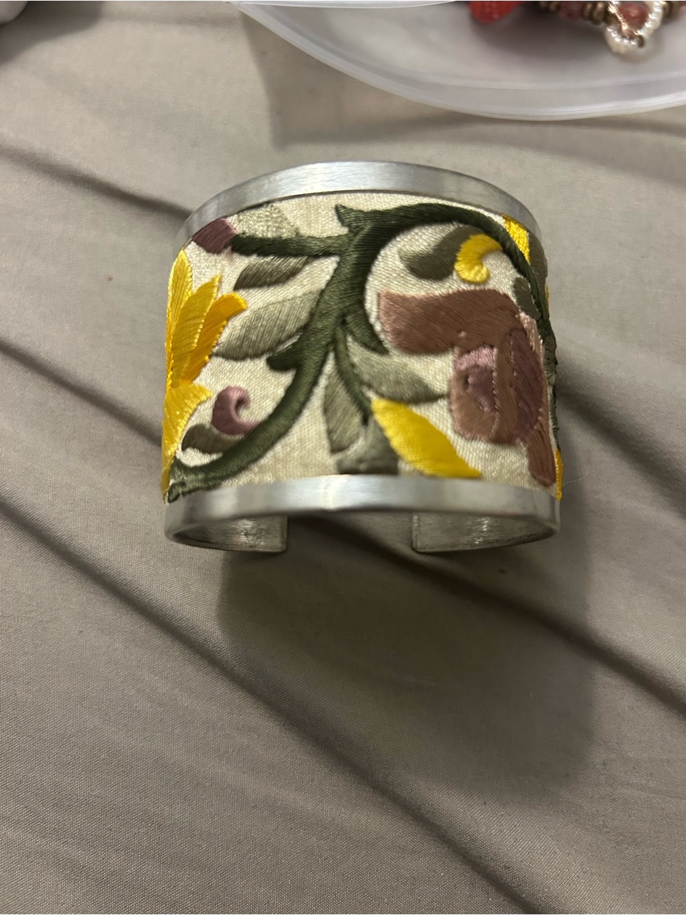 Embroidered Floral Wide Cuff Bracelet - Yellow, Green, Pink
